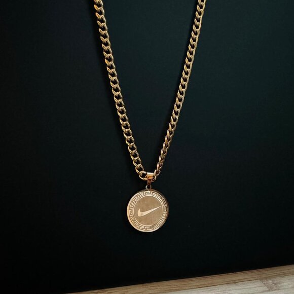 Nike Circle Pattern Pendant Necklace - 5mm Cuban - 22" Gold Chain - Gift for Him - Picture 1 of 3